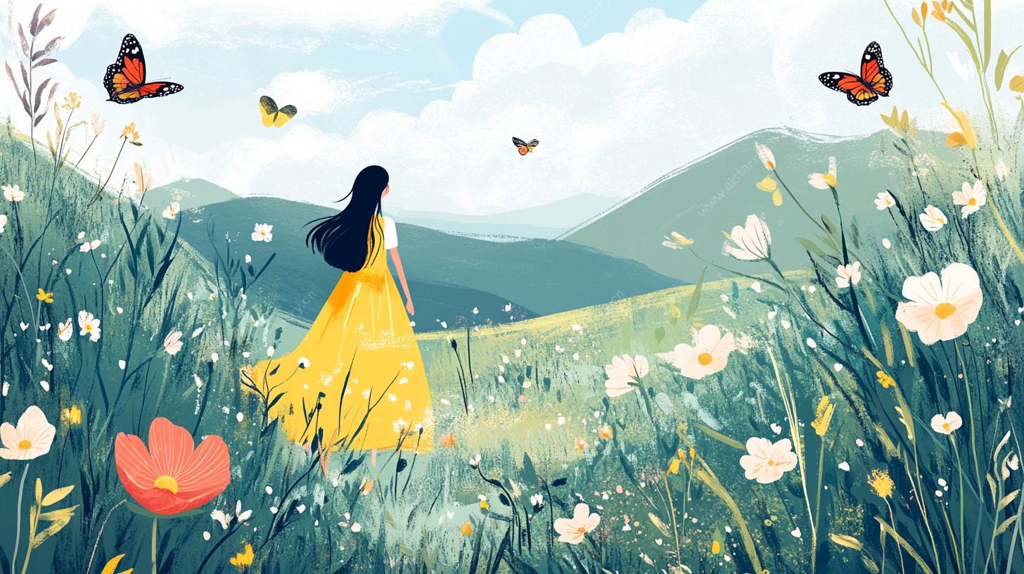 漫步花海的长裙女孩