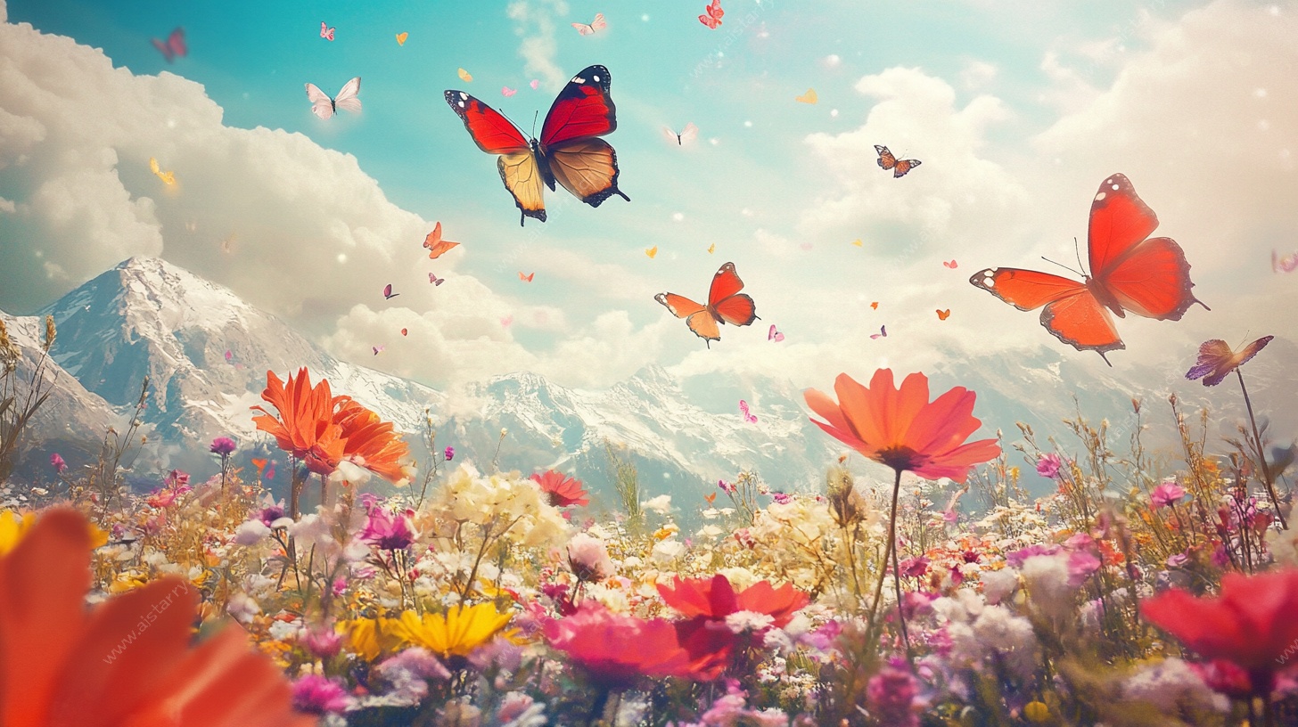 梦幻花海蝴蝶飞舞图景