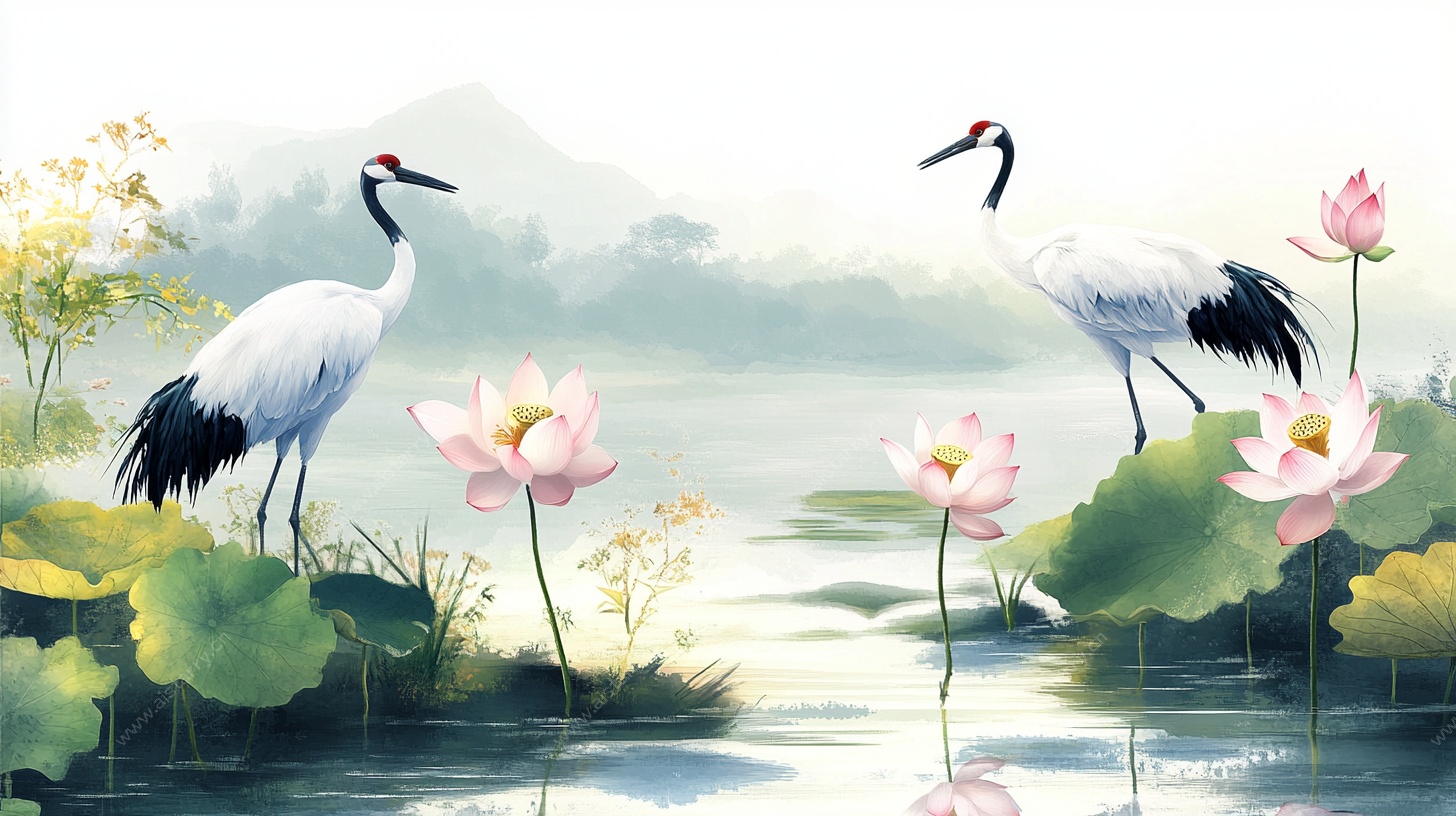 仙鹤伴荷图