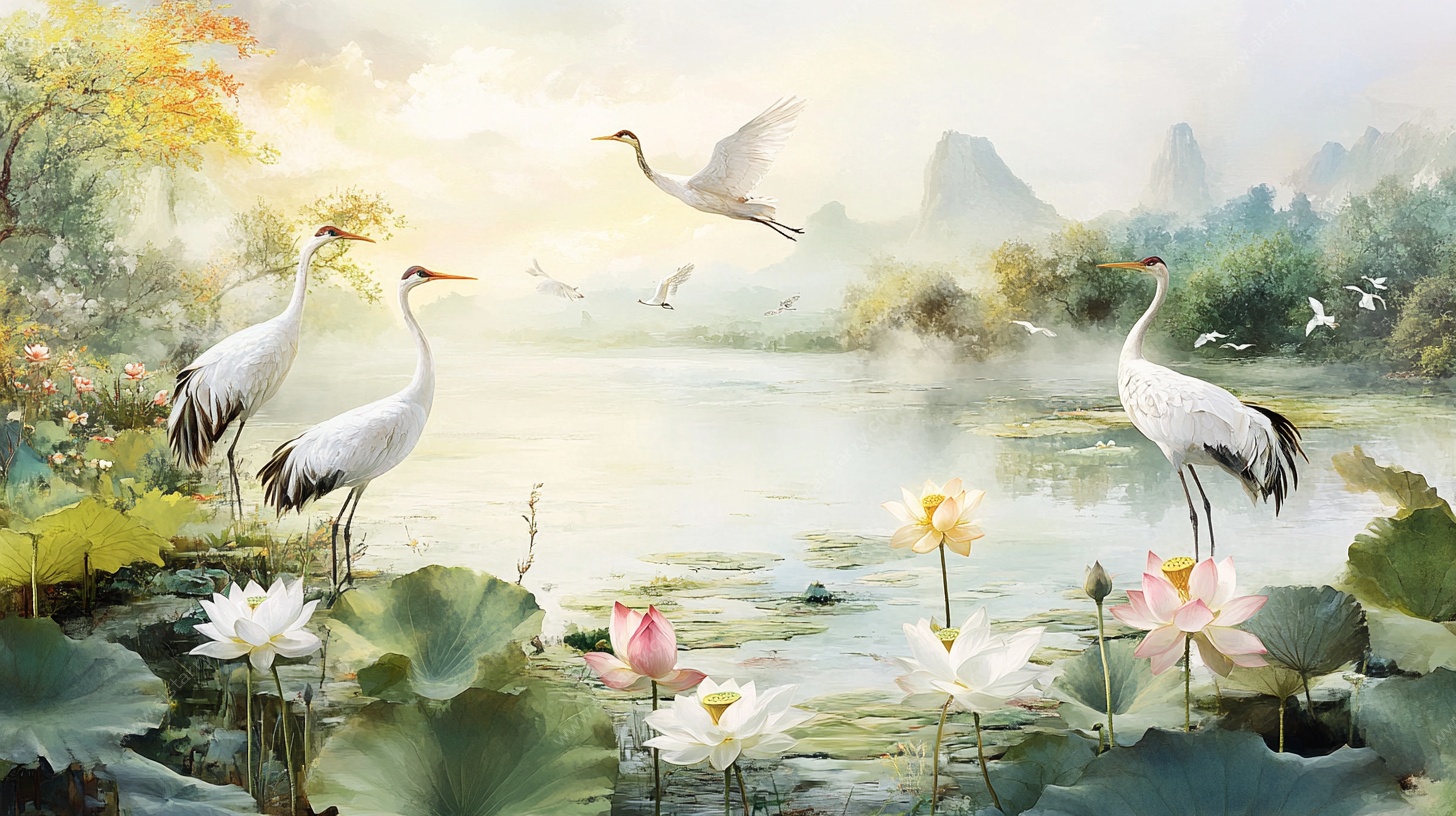 湖畔仙鹤图