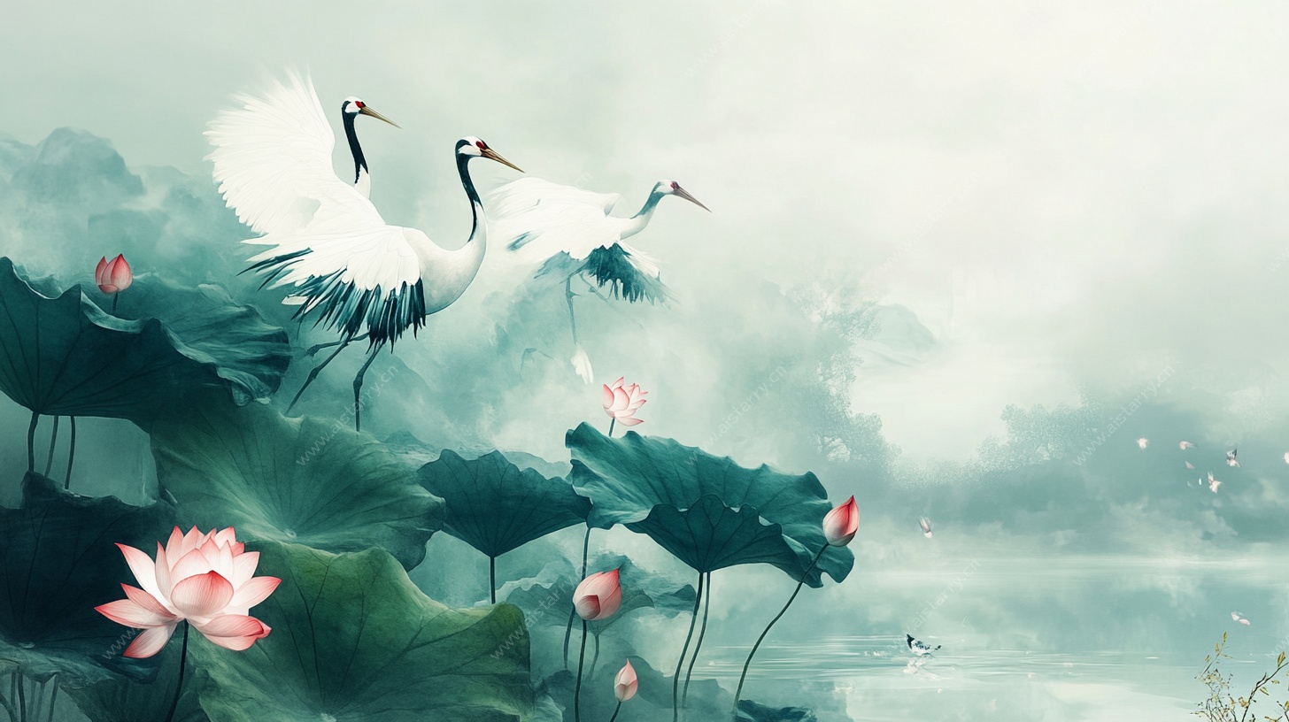 仙鹤戏荷图