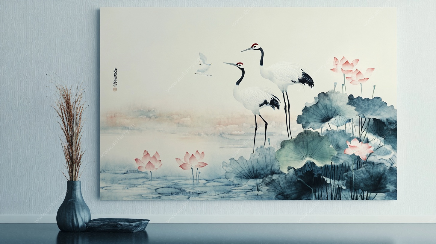 中式水墨仙鹤荷花装饰画