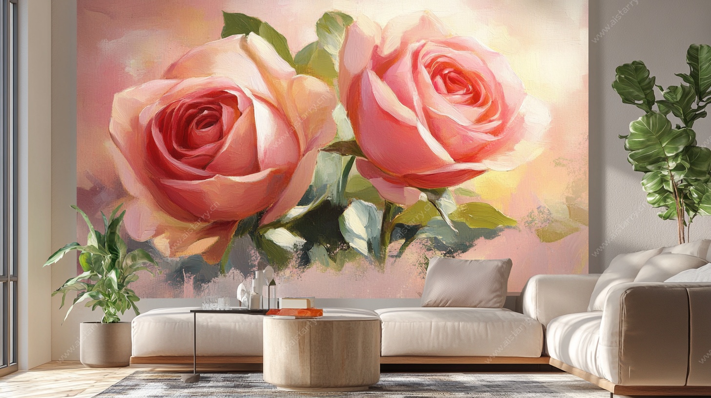 浪漫玫瑰壁画装点温馨客厅