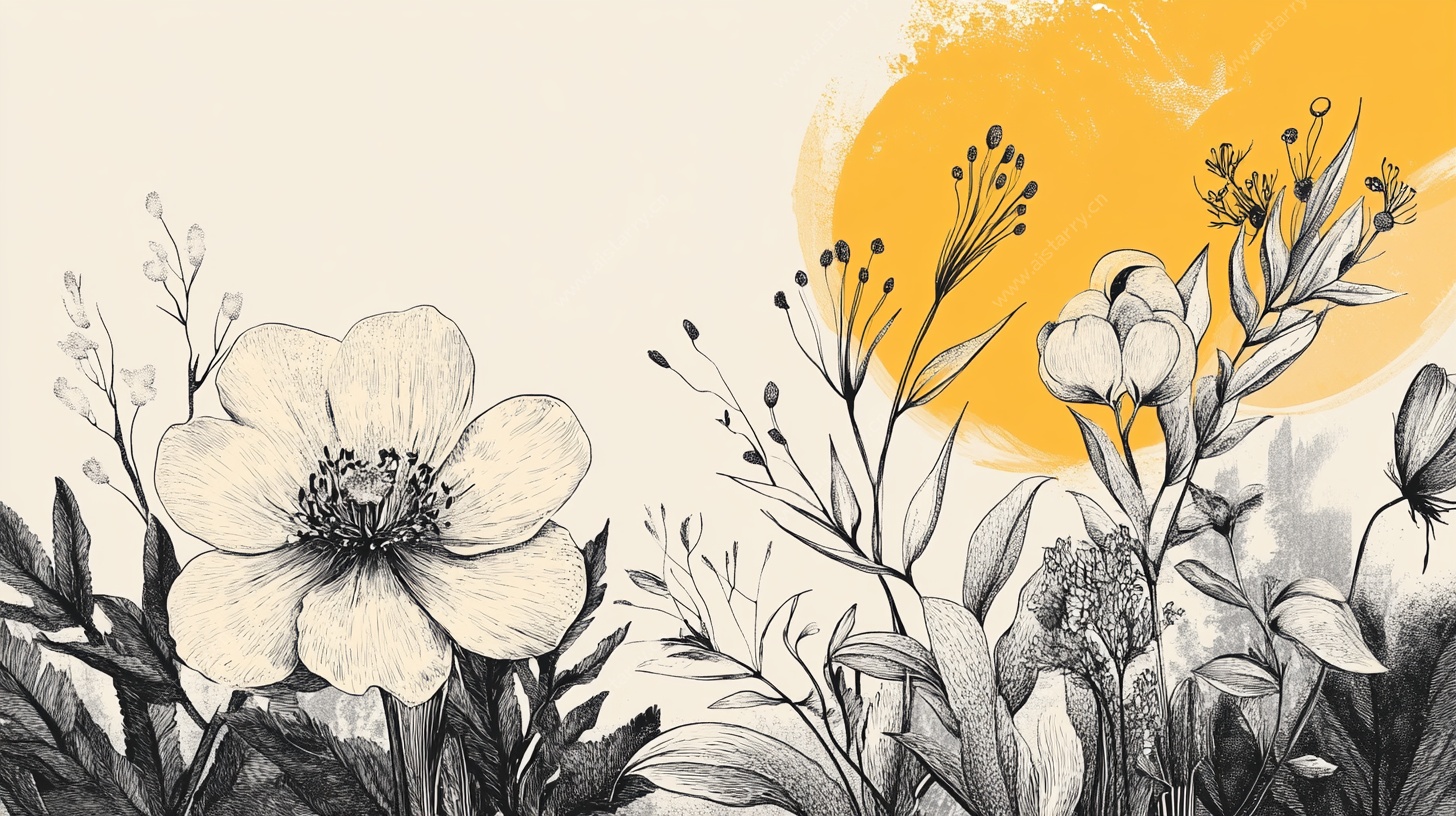 手绘花卉与落日景象