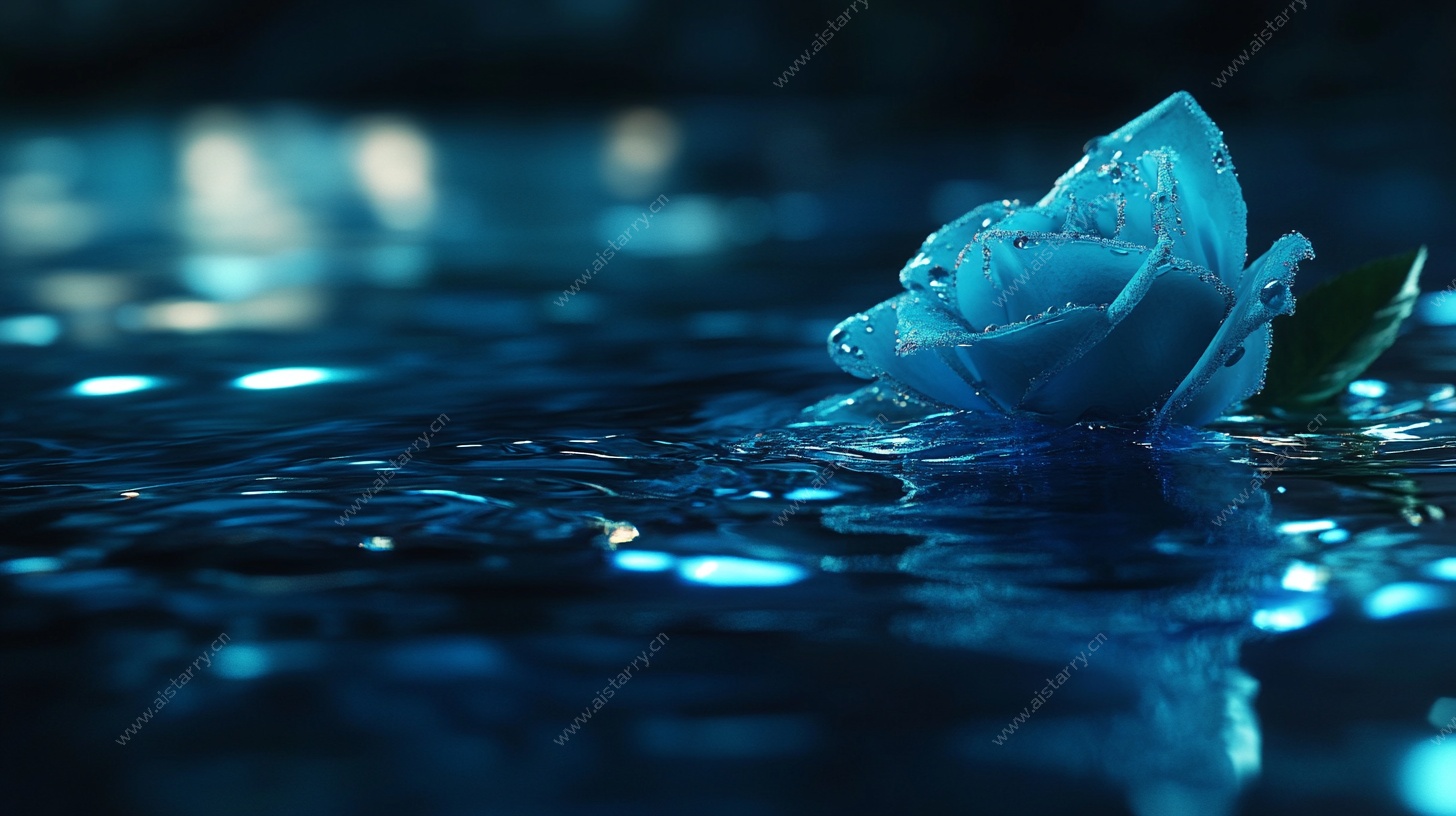 蓝色玫瑰于水面的梦幻景象