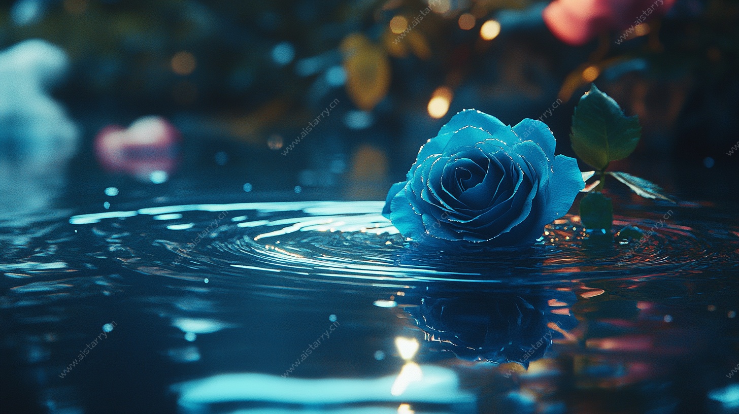 蓝色玫瑰浮于水面美景