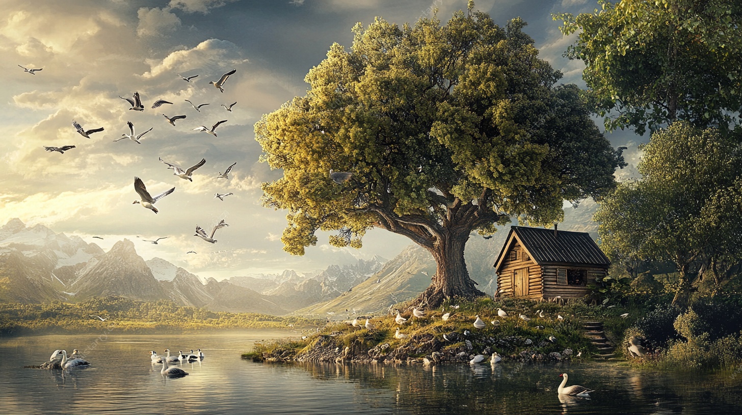 湖畔小屋的自然静谧景致