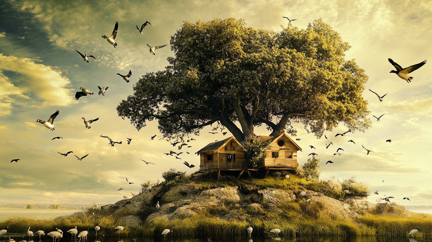 树下小屋旁飞鸟环绕美景