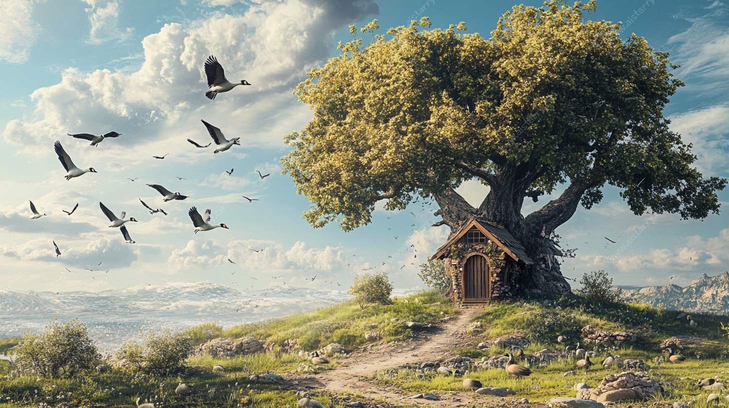 梦幻树屋边飞鸟翔于蓝天