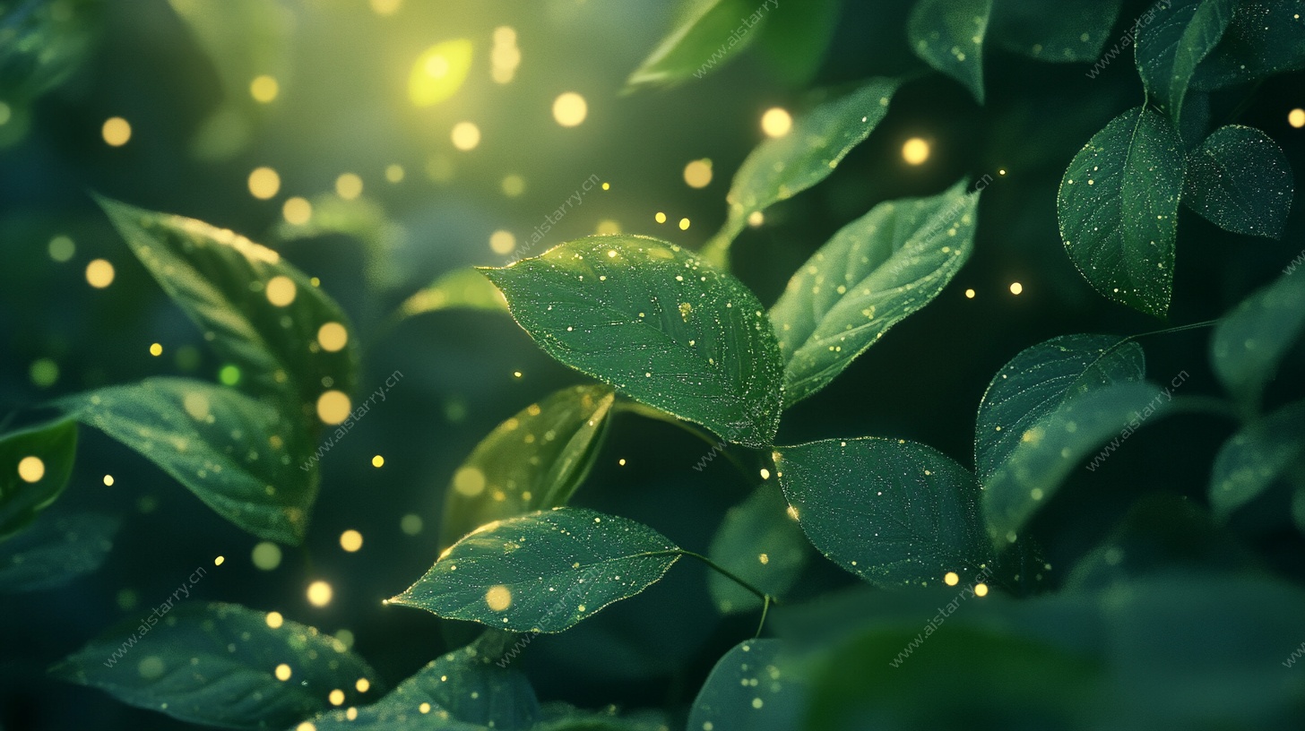 梦幻绿叶间的萤火闪烁