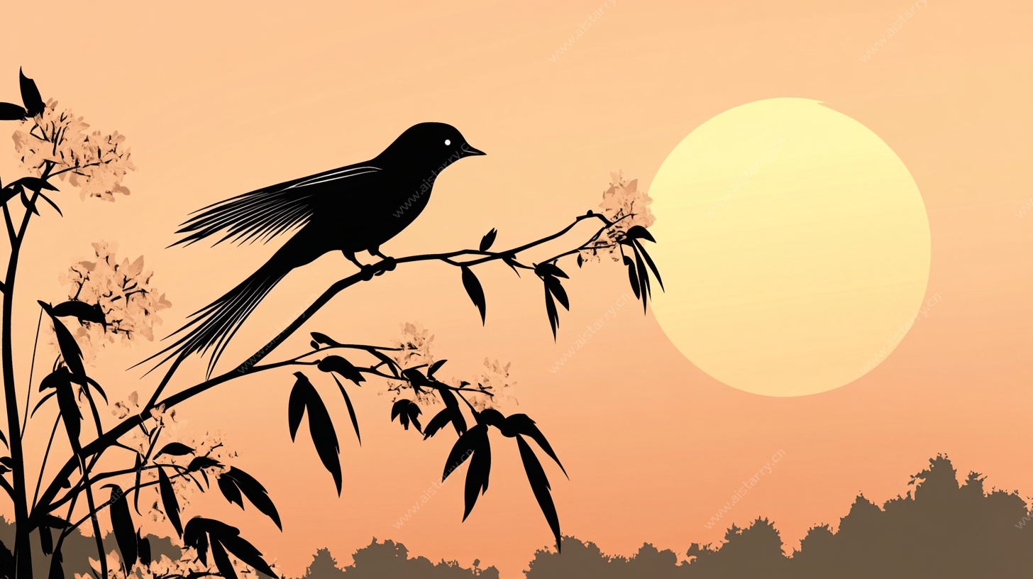 落日枝头鸟剪影