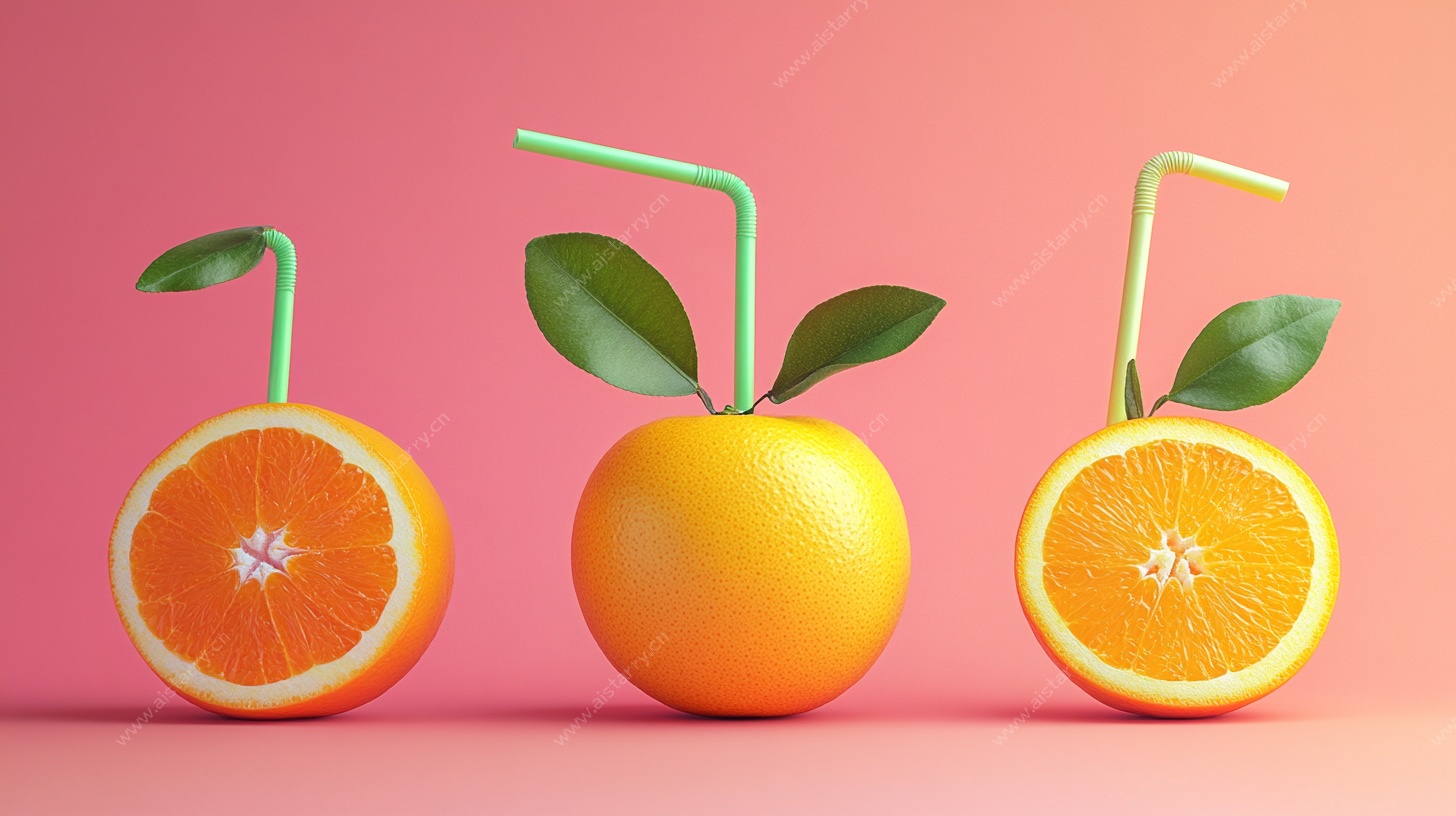 三个橙子配吸管创意画面