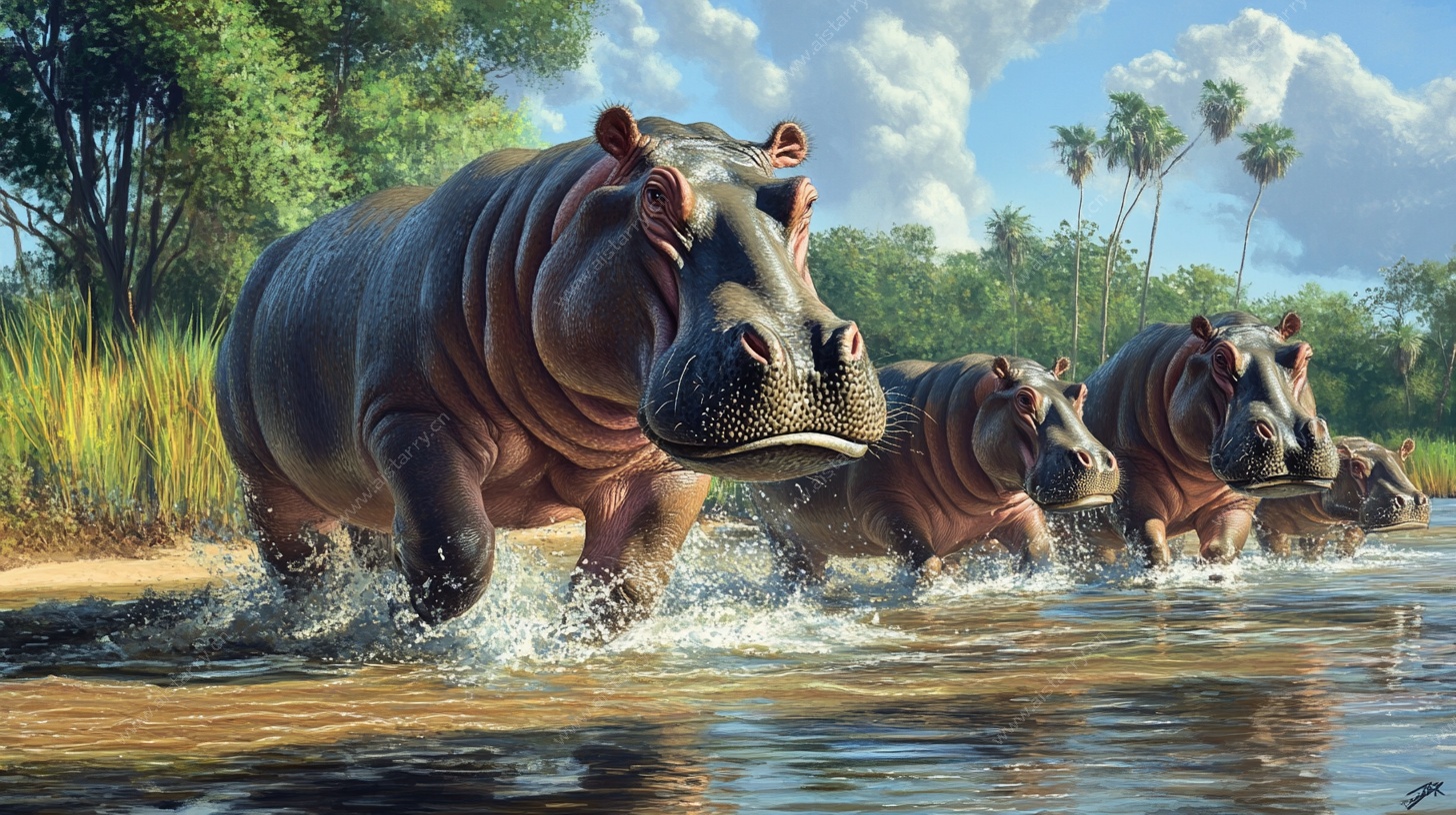河马群水中奔腾场景