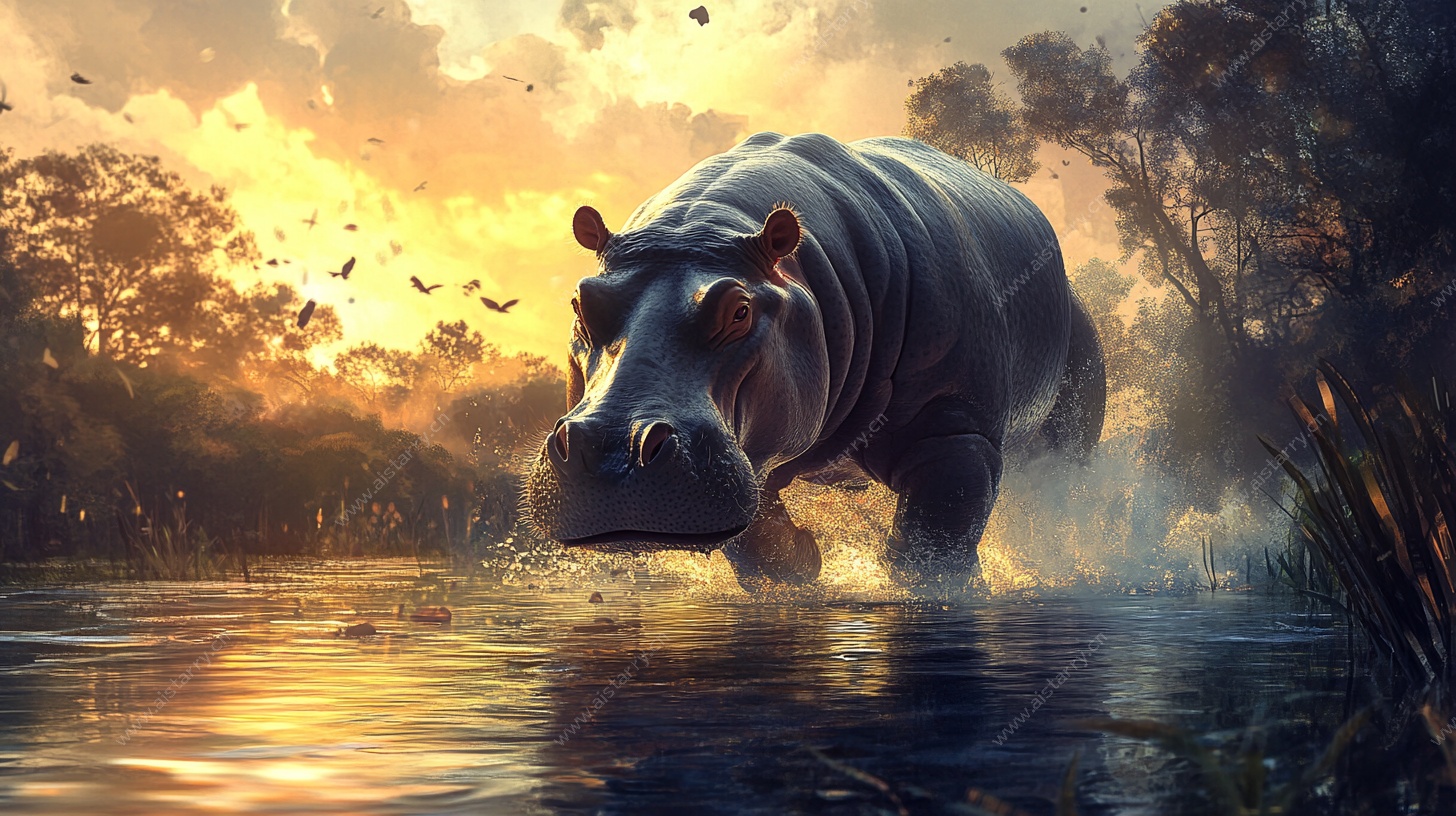 夕阳下河马踏水的瞬间