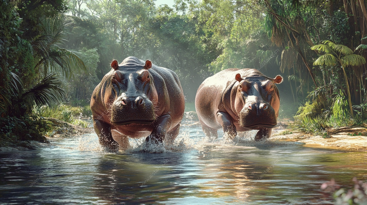 河马在丛林水域中奔跑