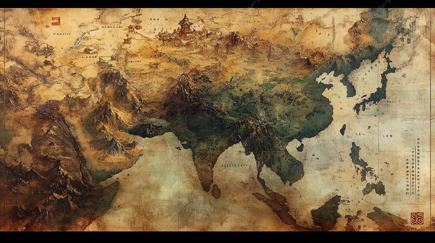 复古风格亚洲地图插画