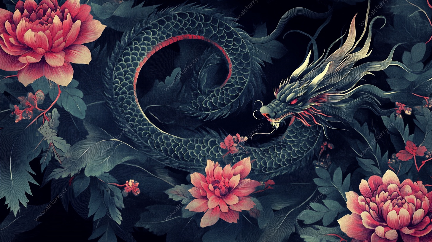 龙戏牡丹国风插画