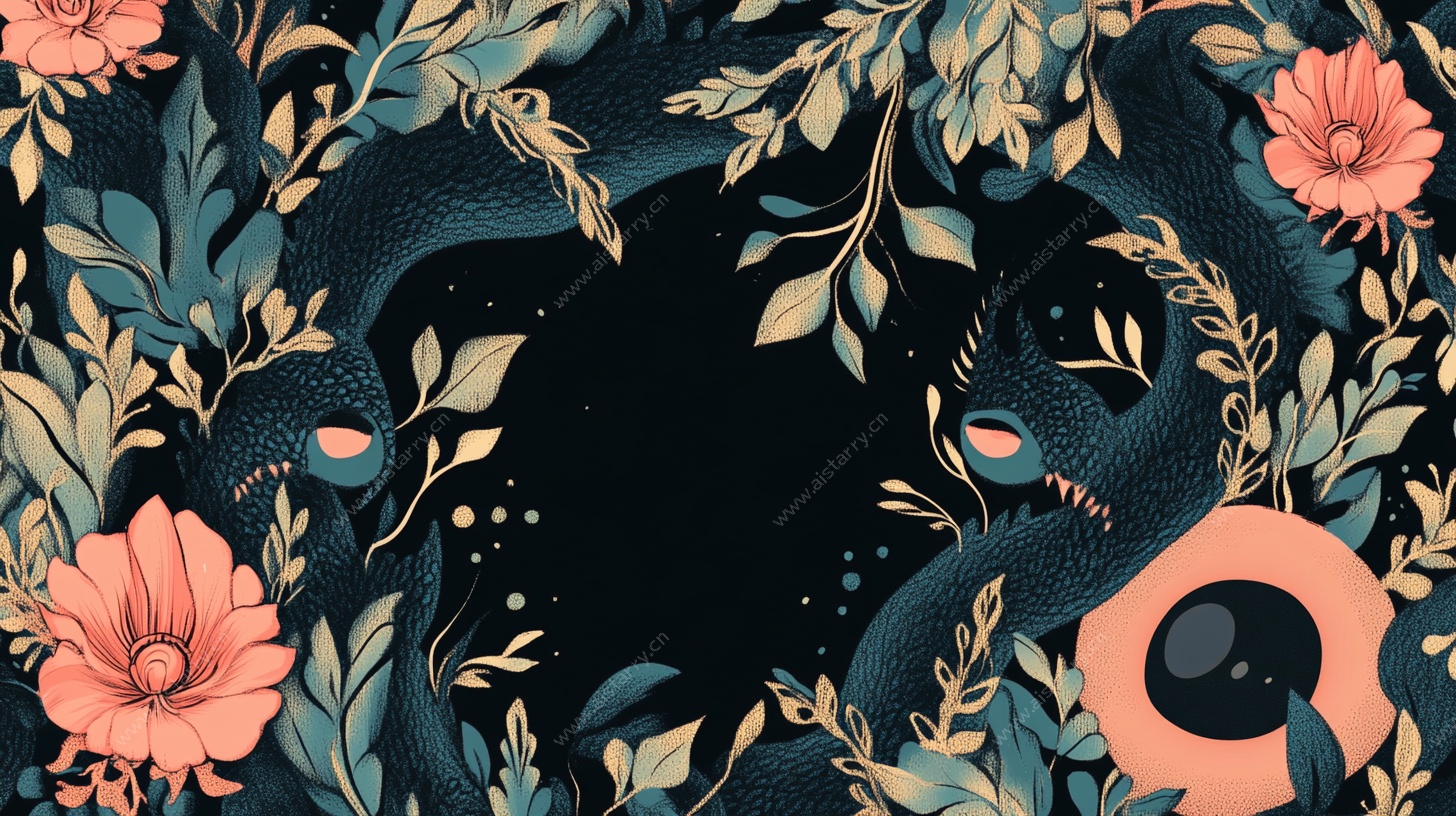 花卉环绕的神秘蛇类插画