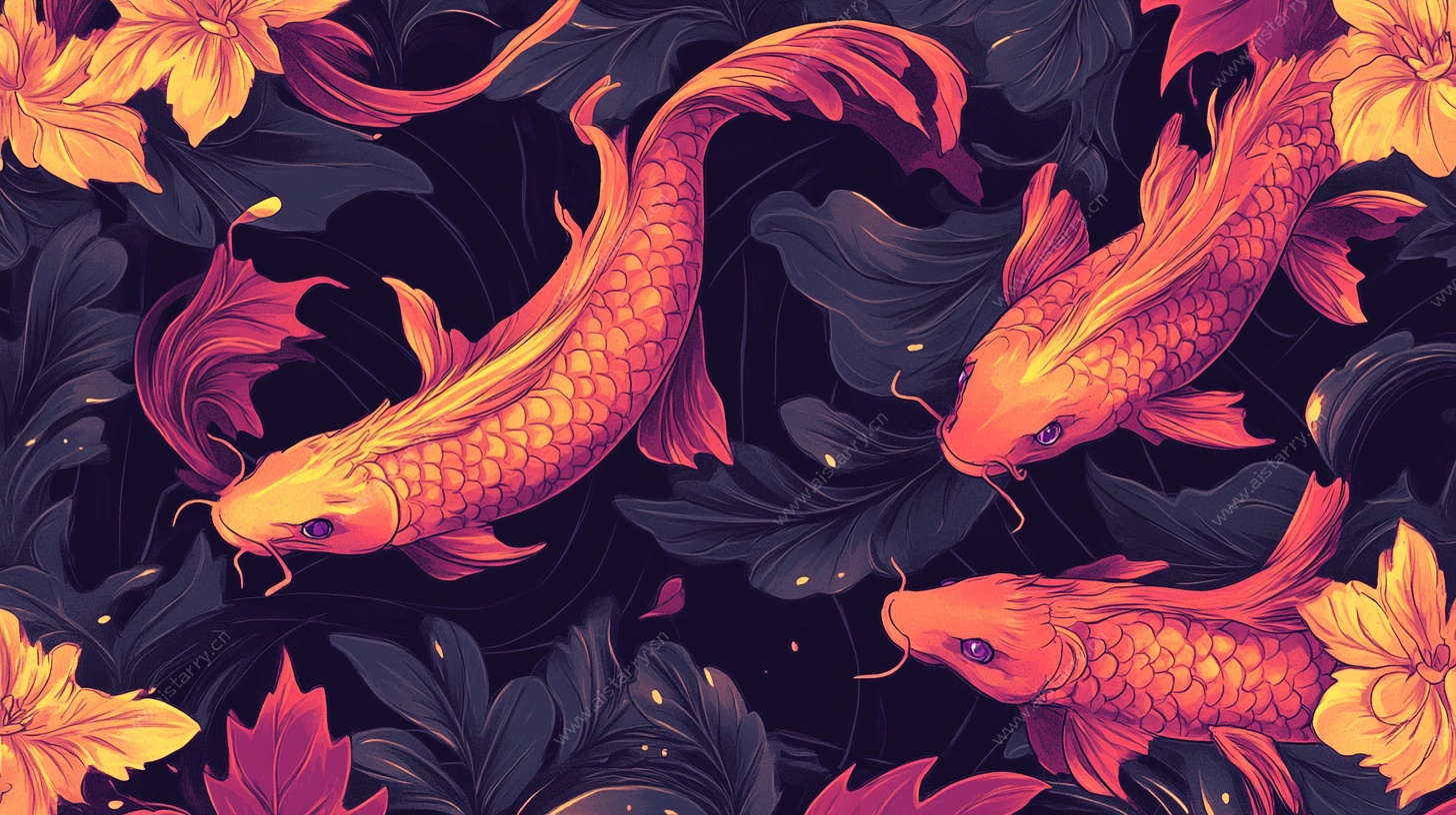 锦鲤游弋于花叶间