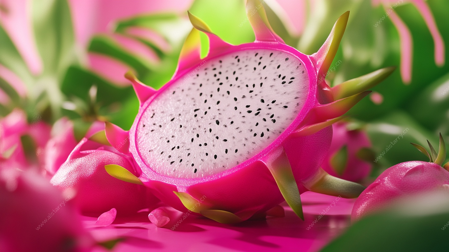 切开的火龙果与热带植物