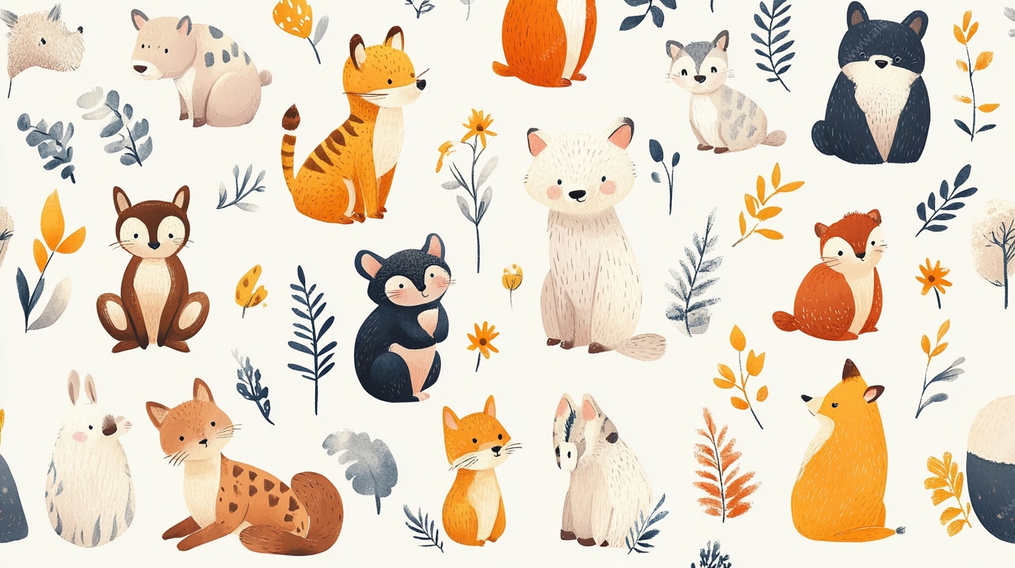 可爱动物花卉无缝图案