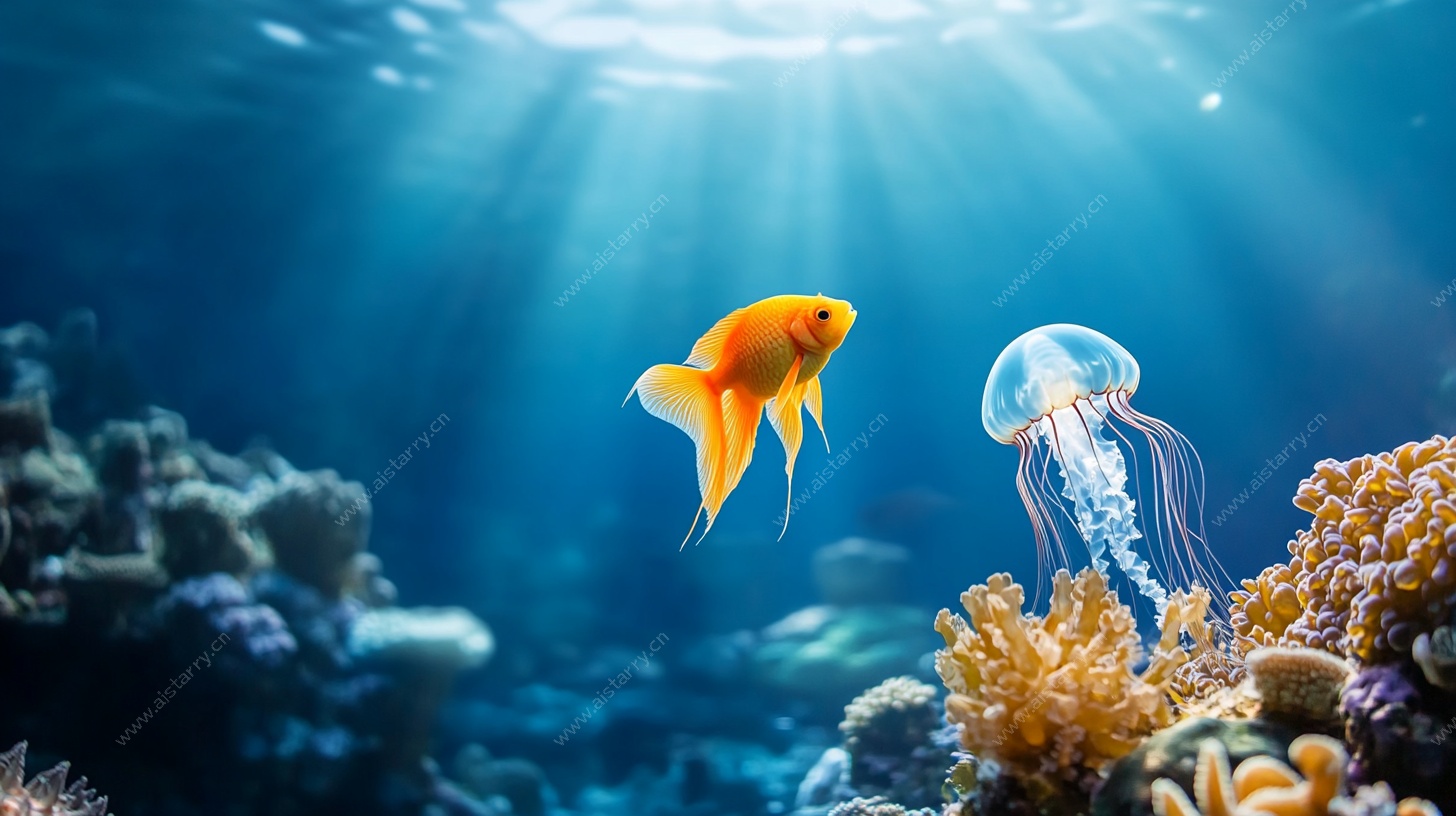 海底金鱼与水母奇幻景象