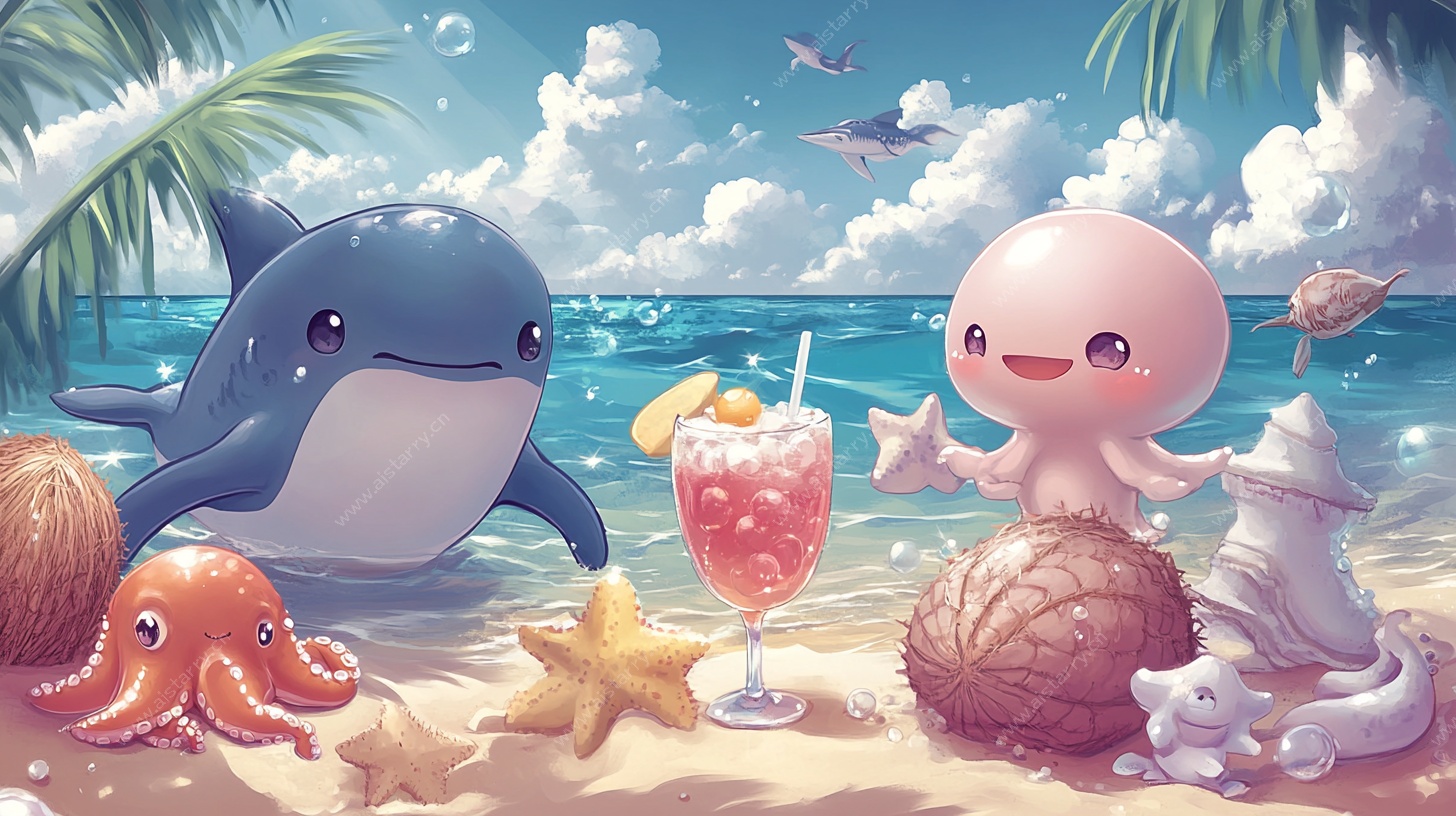 海洋萌宠的夏日沙滩派对