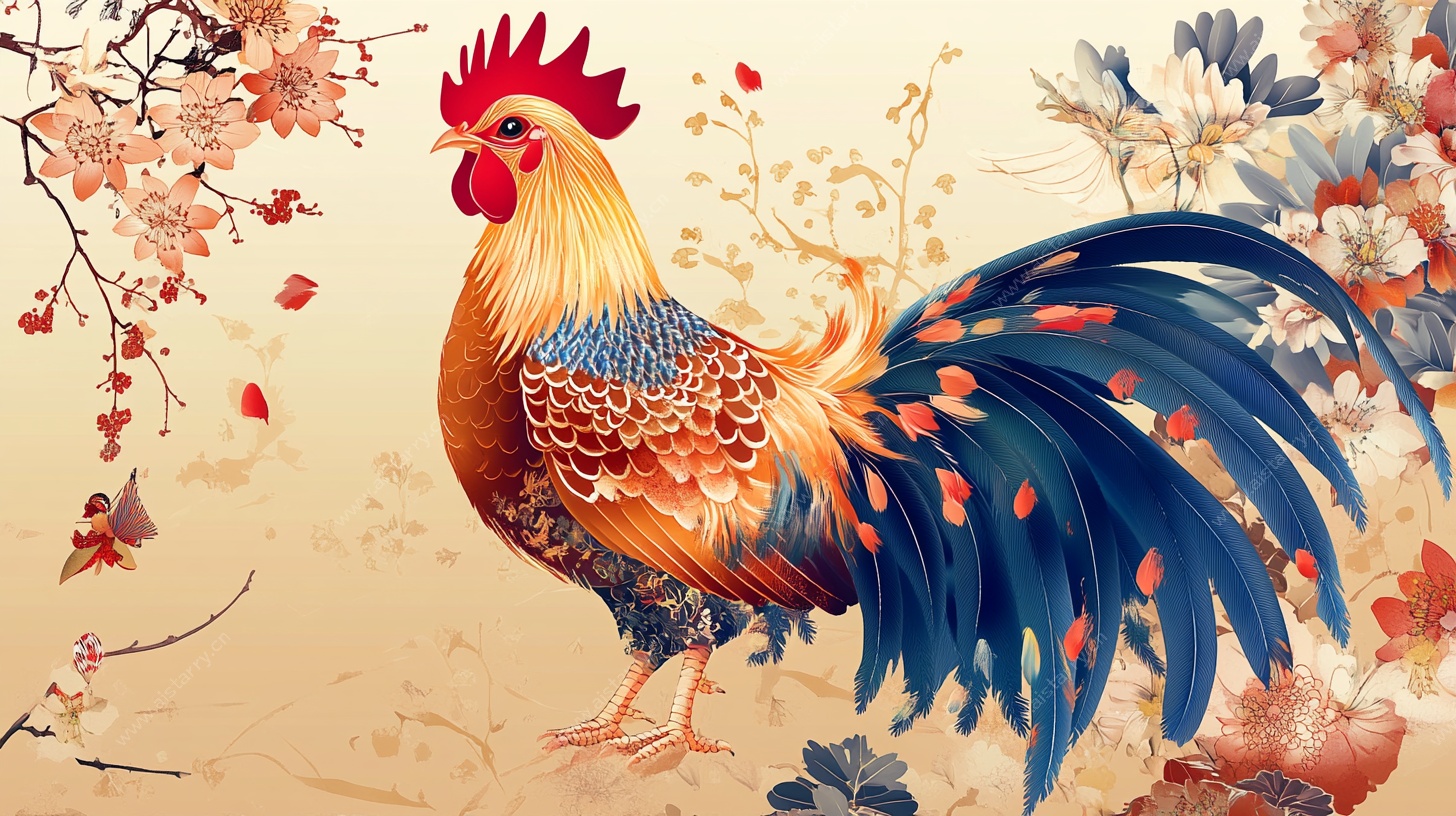 华丽公鸡与花卉插画