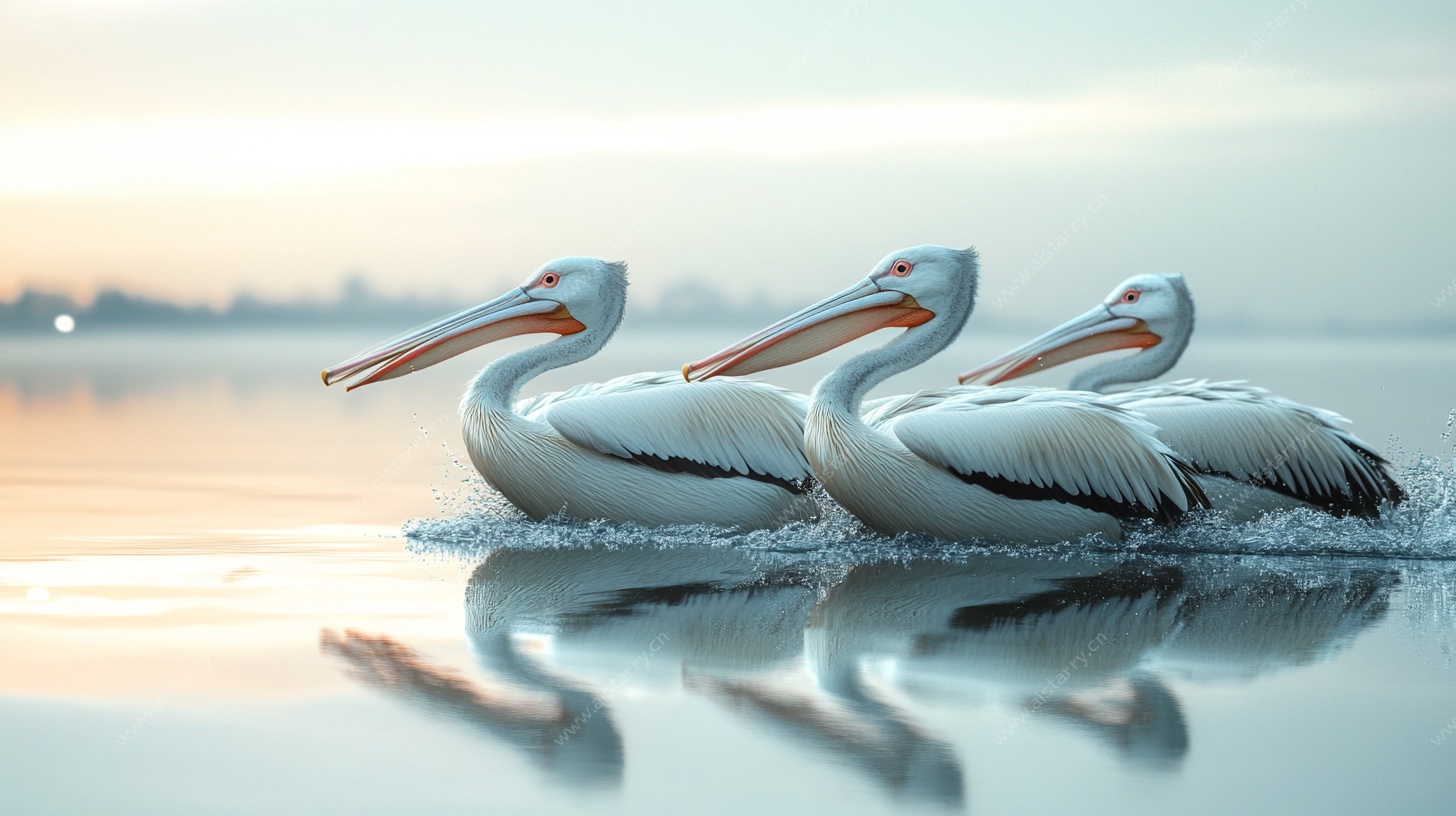 三只鹈鹕在水面优雅游弋