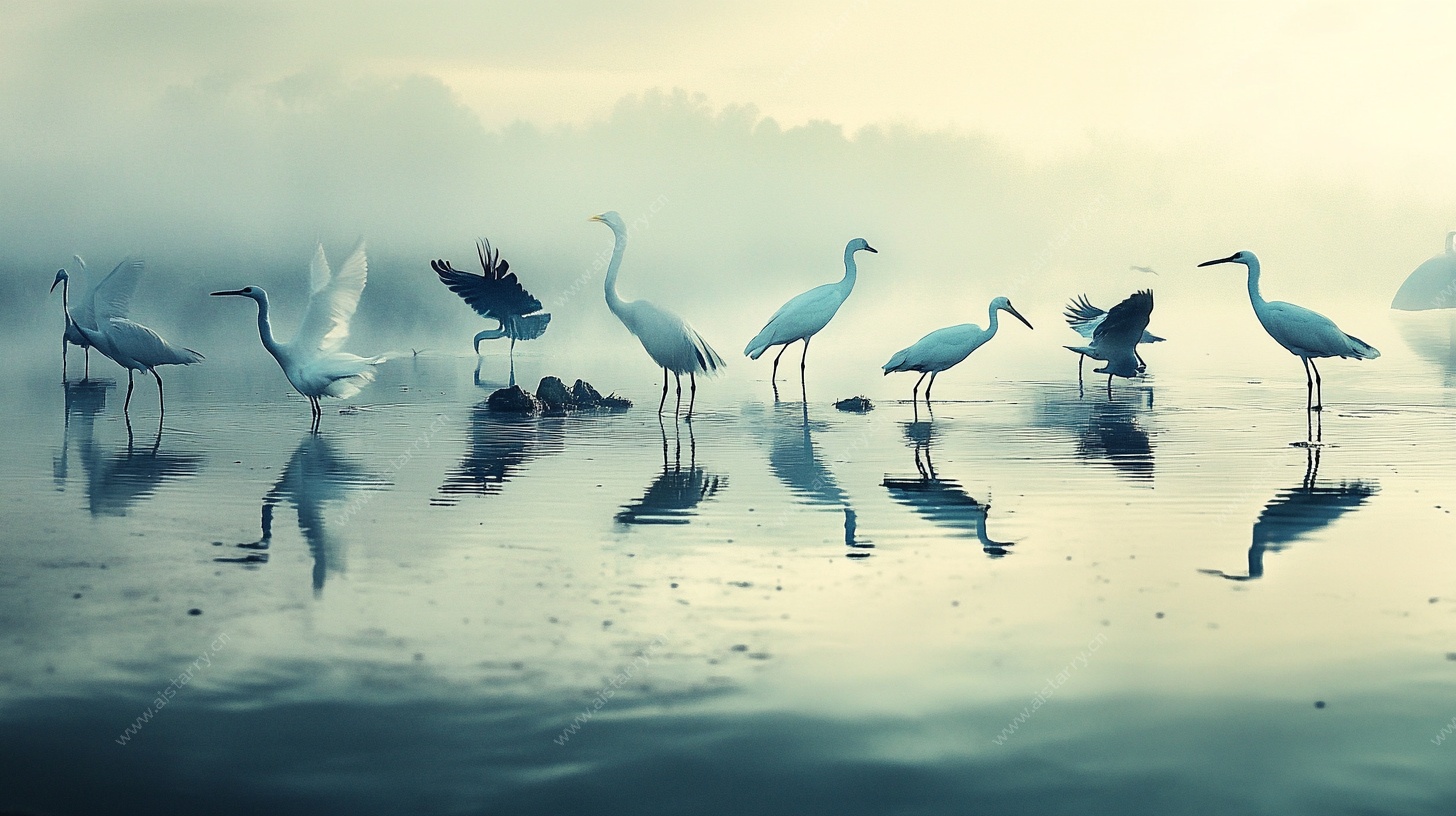 湖畔鹭鸟群 朦胧自然景