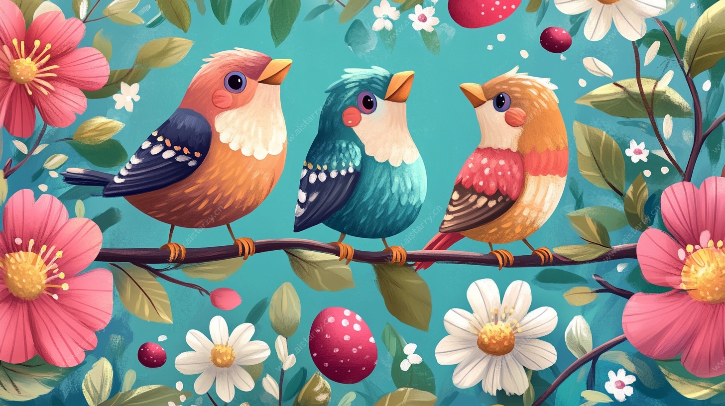 三只小鸟栖于繁花枝头