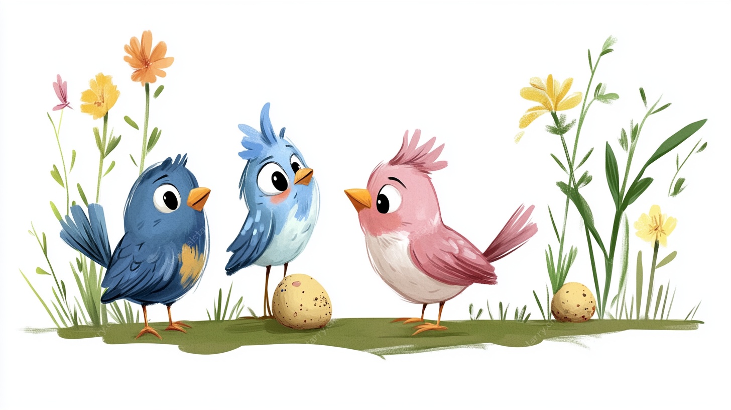 三只可爱小鸟与花草场景