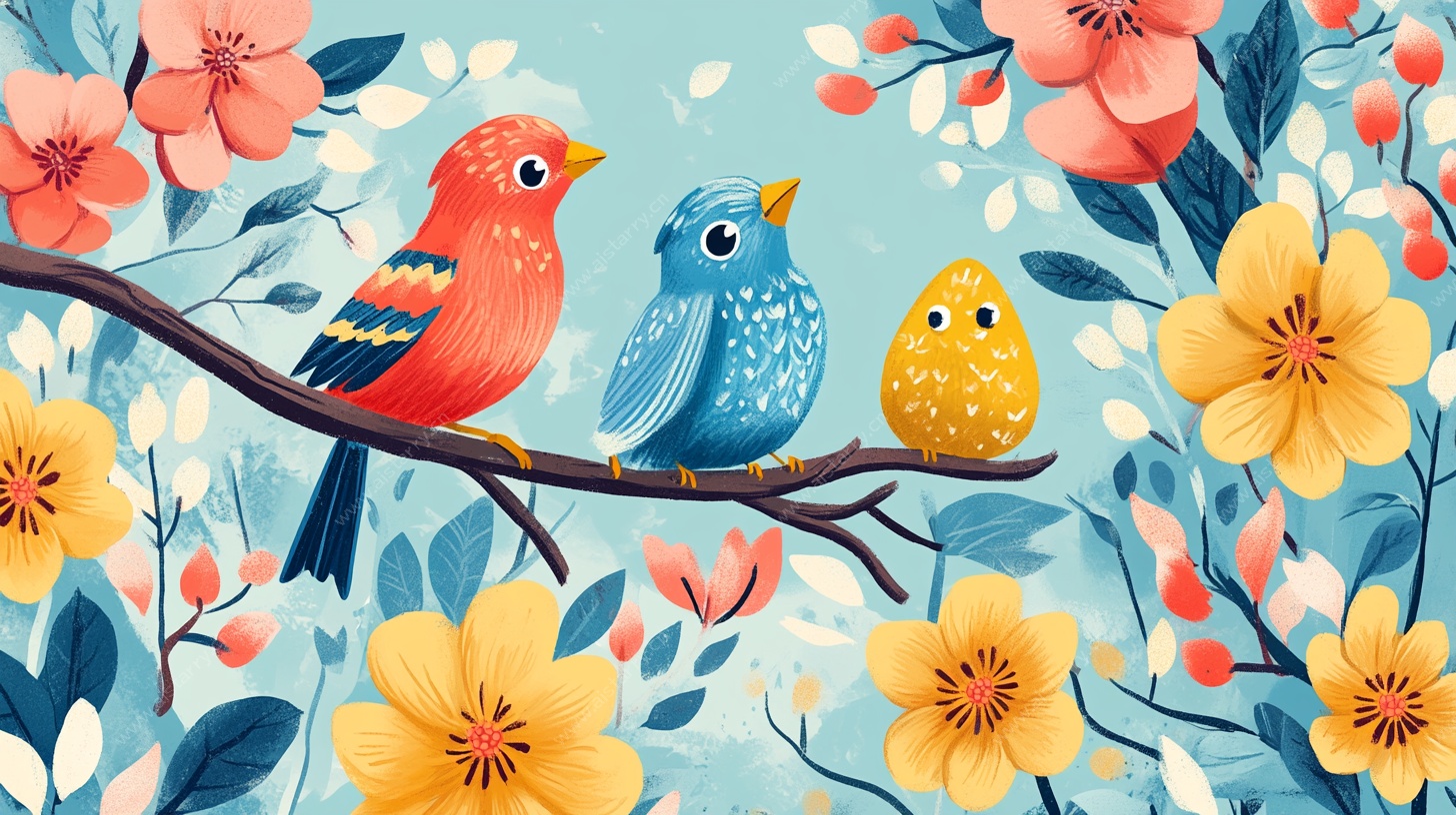 枝头三鸟栖 繁花相伴景