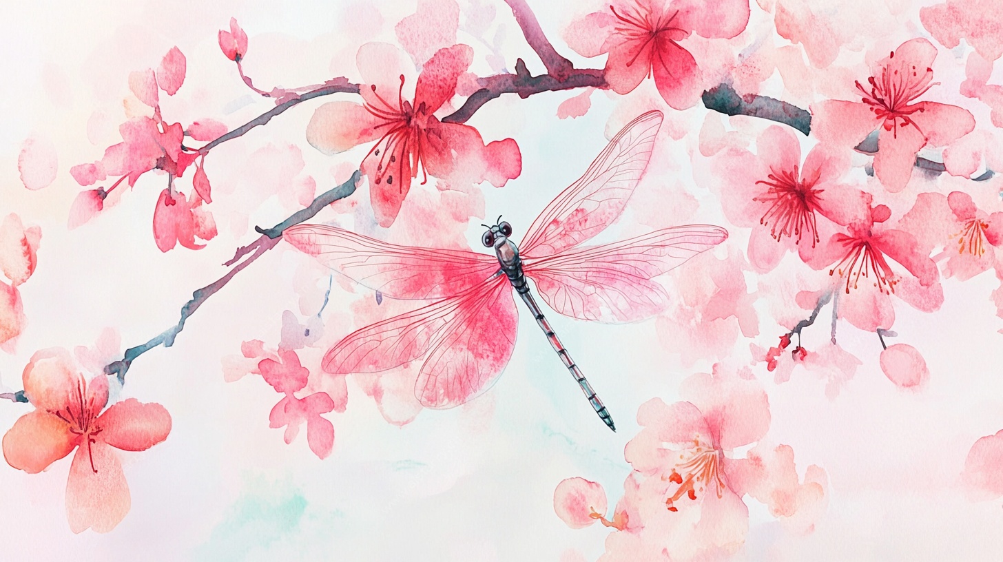水彩桃花与蜻蜓插画