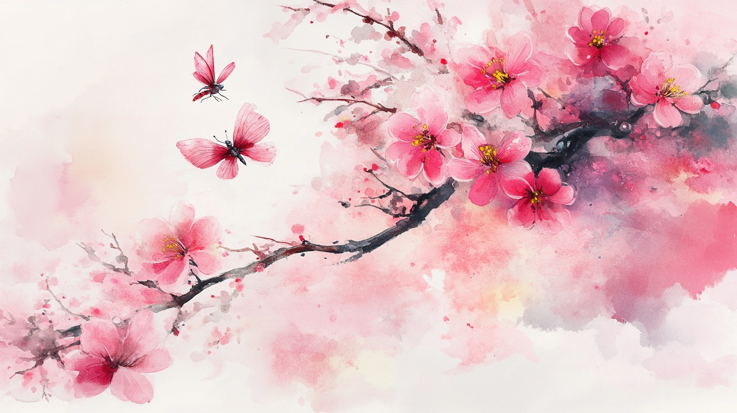 水墨风烂漫桃花蝴蝶图