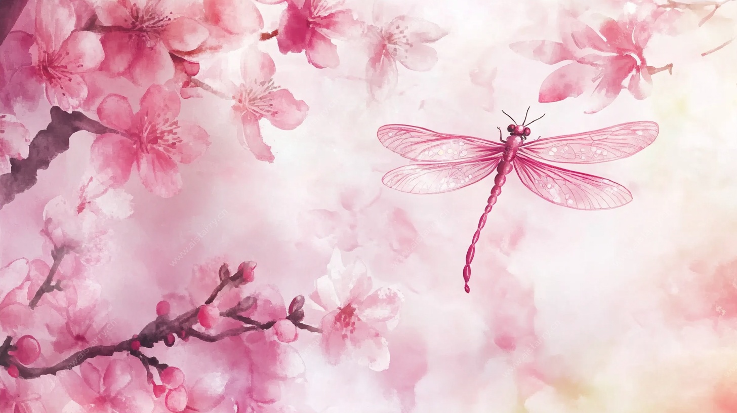 粉色樱花与蜻蜓梦幻图景