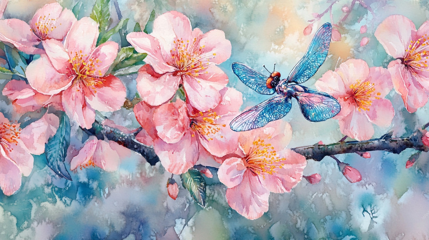 水彩桃花与蜻蜓唯美画