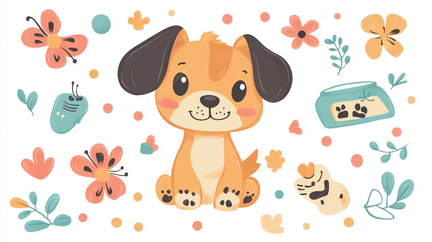 可爱小狗与花卉宠物插画