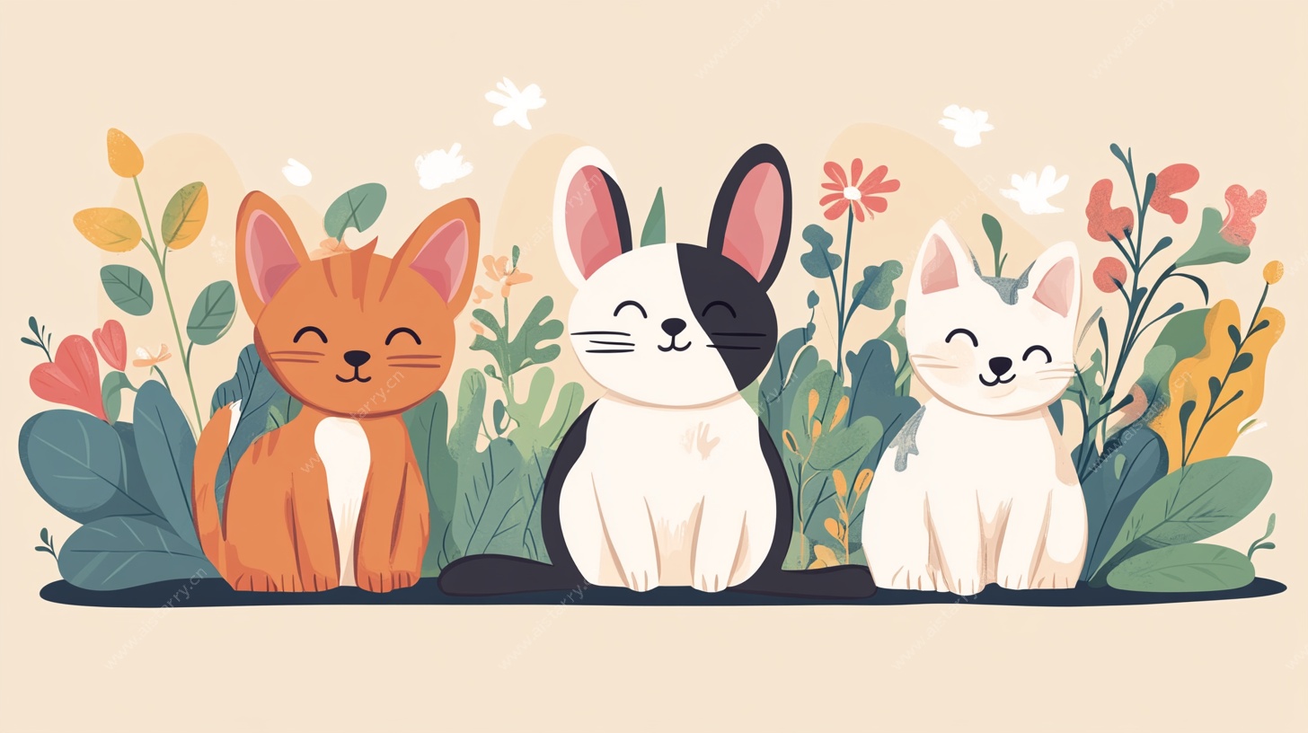 三只萌猫置身花丛中