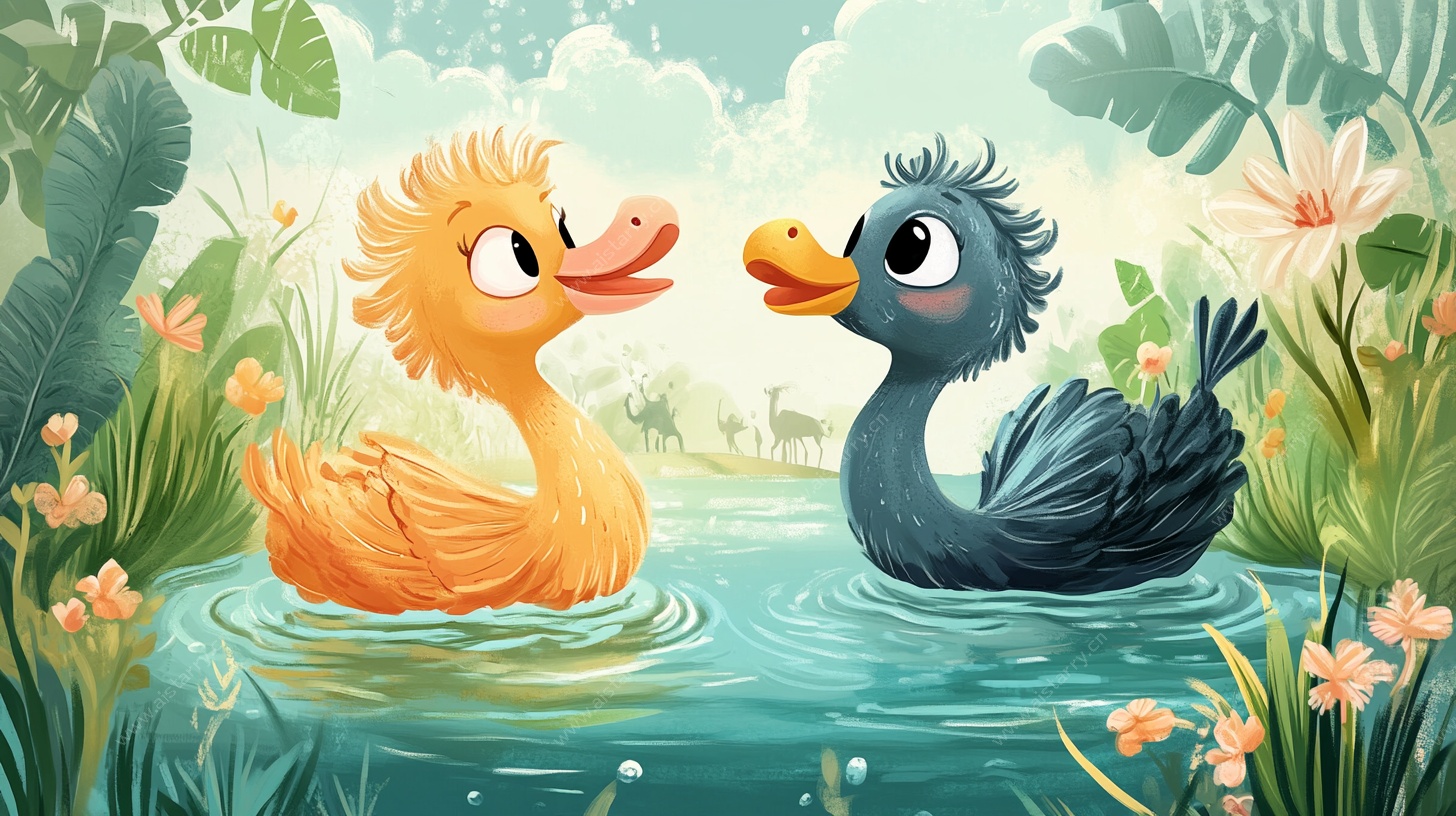 池塘中戏水的可爱小鸭子