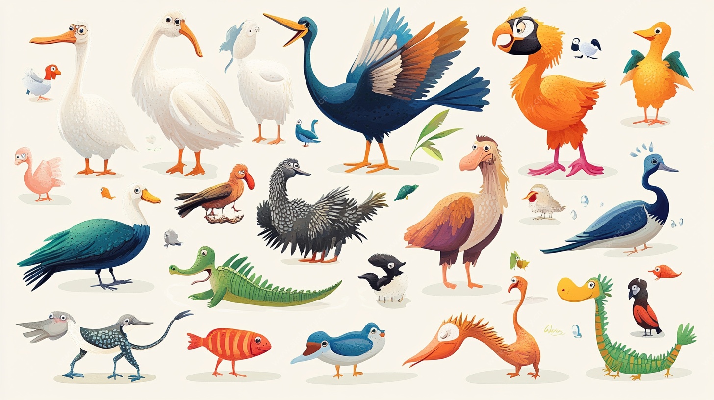 多样鸟类与爬行类插画集合