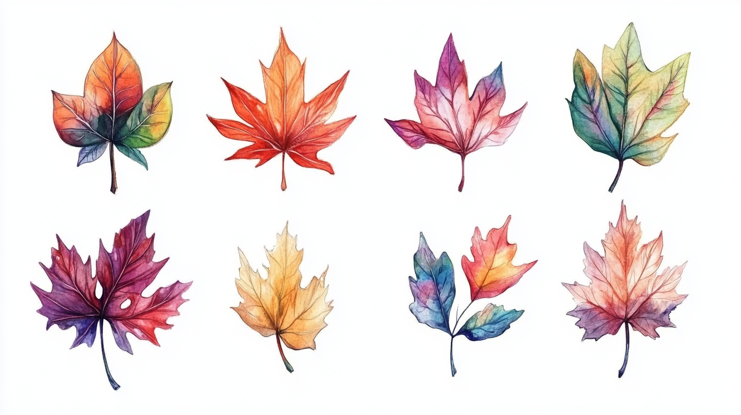 多彩水彩枫叶插画集合