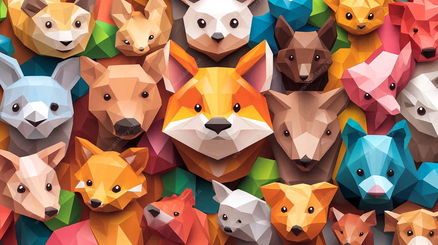 多彩低多边形动物头像集合
