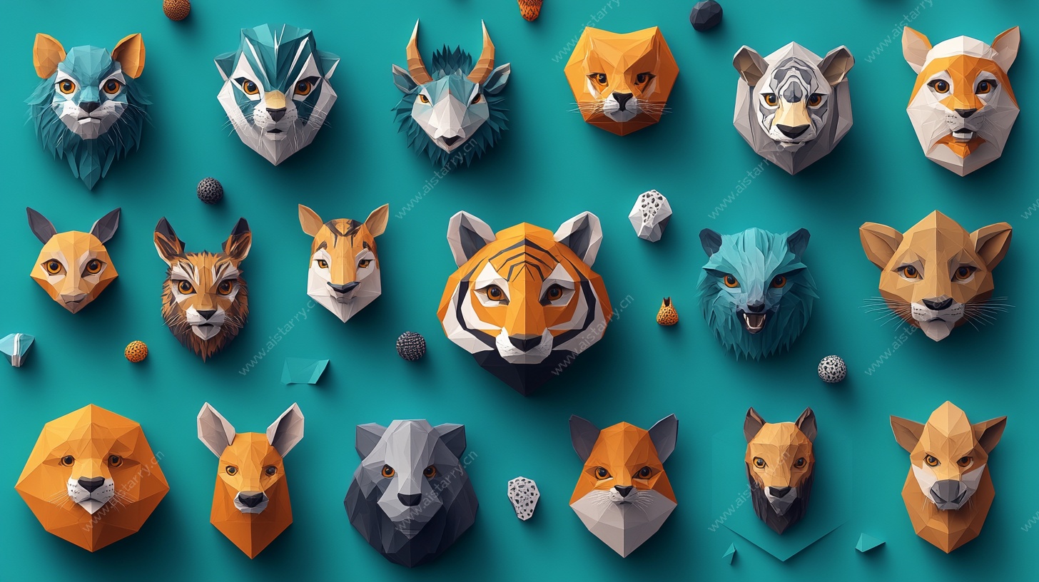 多彩低多边形动物头像集合