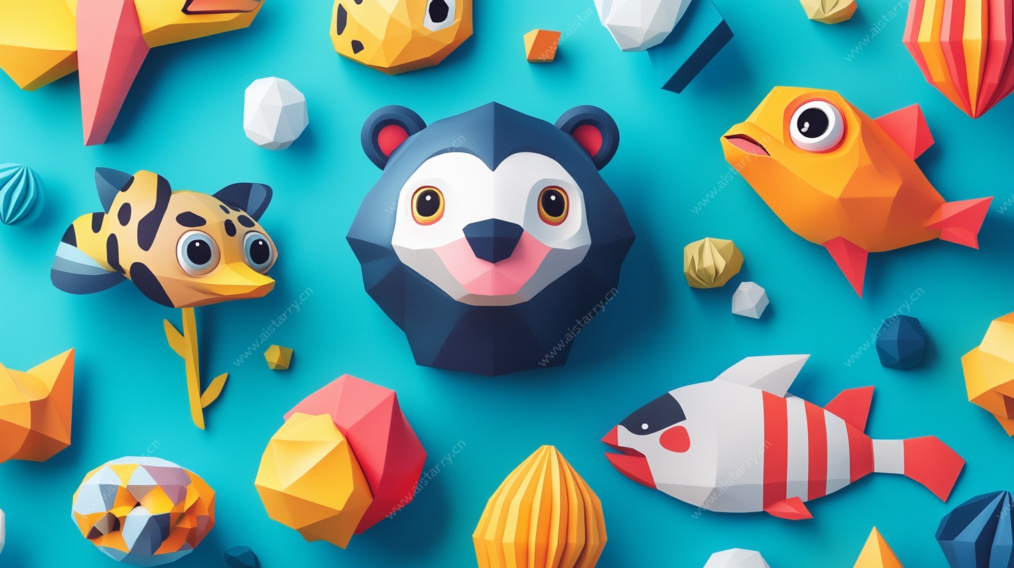 可爱低多边形海洋动物插画