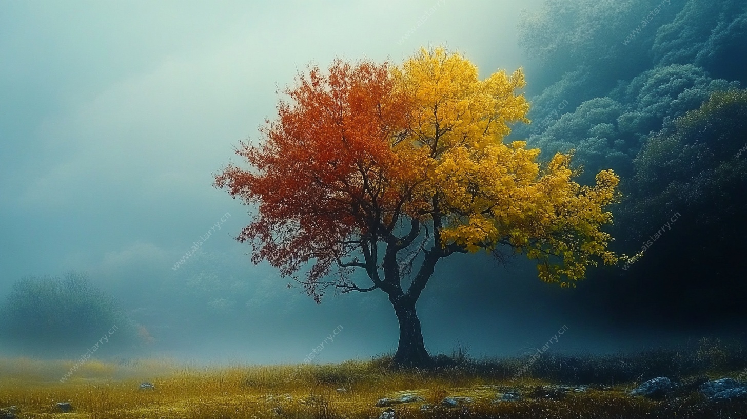 孤树秋景 迷雾中的绚烂