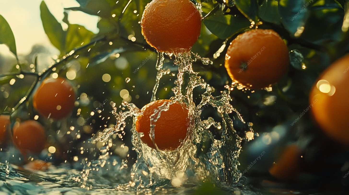 柑橘落水瞬间的美妙画面