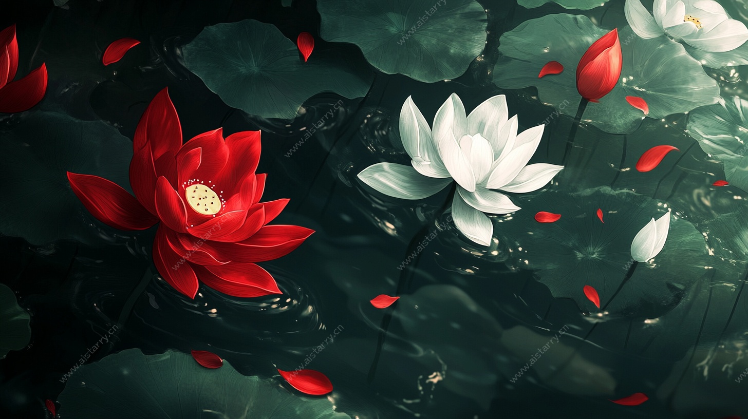 水墨风红白莲花水中图