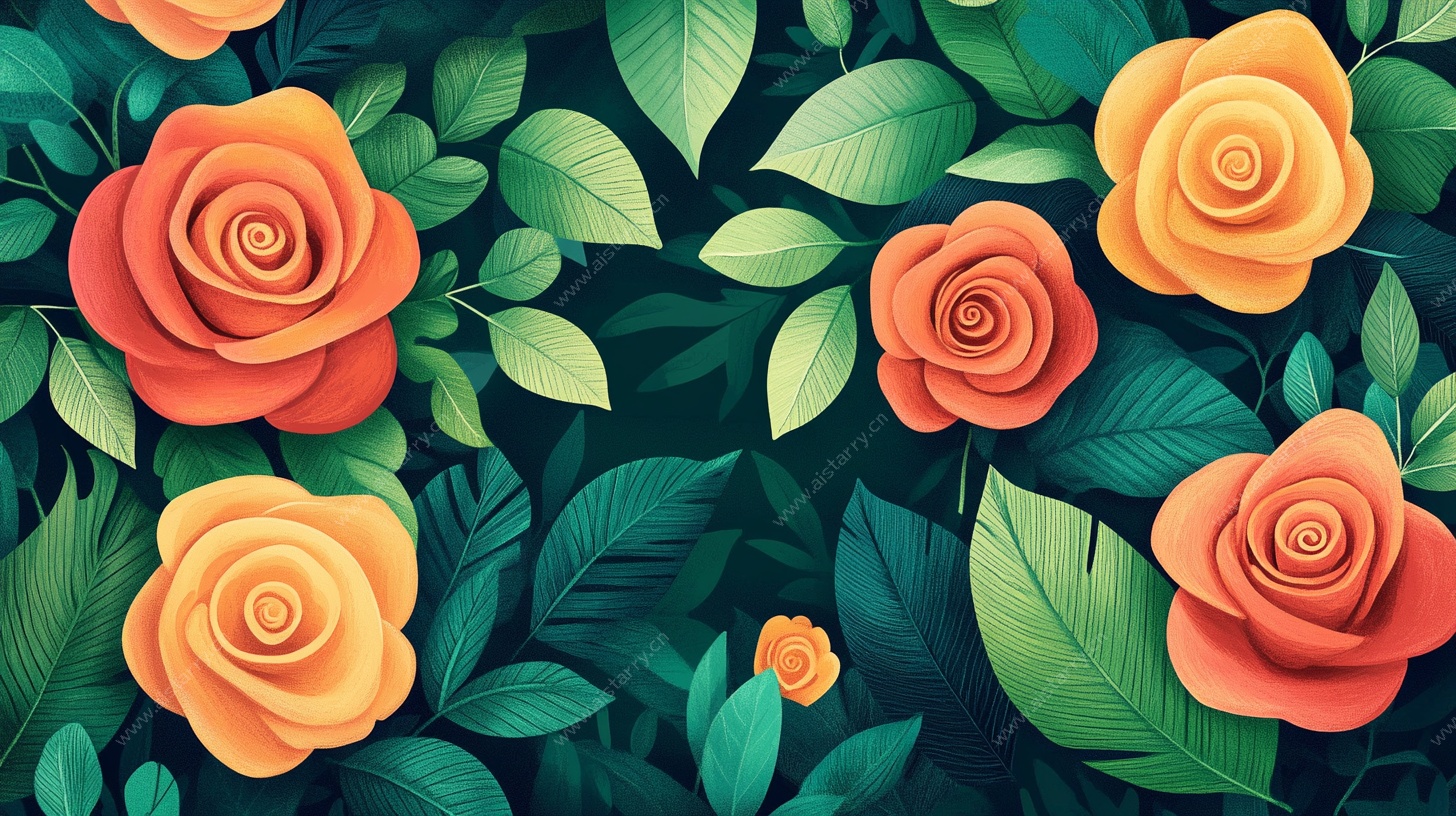 绚丽玫瑰绿叶插画背景