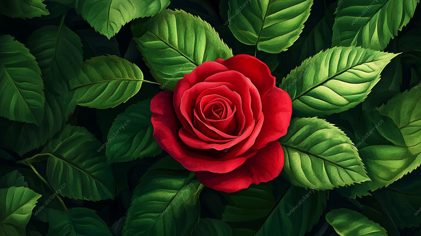 红玫瑰与绿叶插画